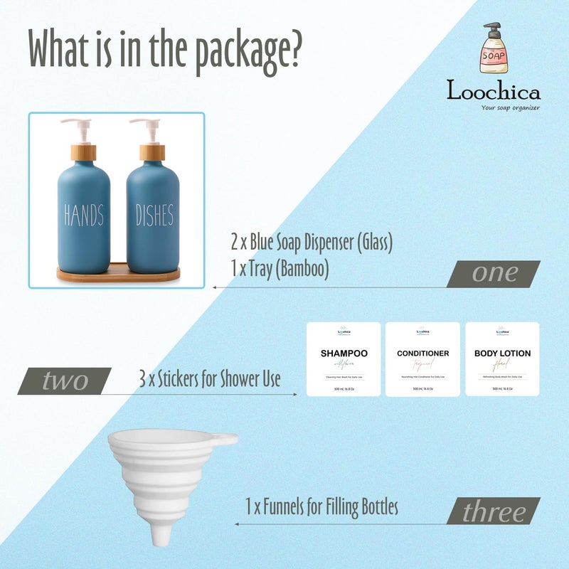 Loochica 2 Pack Blue Glass Soap Dispenser Set with Tray, Hand and Dish Glass Soap Dispensers for Kitchen Sink, Kitchen Soap Dispenser Set Suitable for Kitchen Décor - Image 2